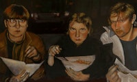 Maleri av Ævestaden: Eir Vatn Strøm, Levina Storåkern og Kenneth Lien som spiser kebab.