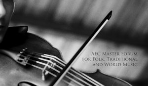 A fiddle covered by the text "AEC Master forum for folk, traditional and world music".