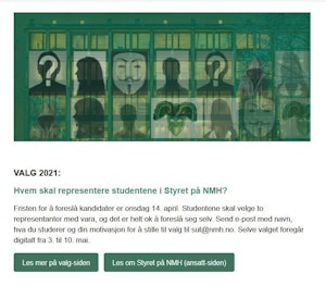 Illustrasjon på Etter noter student. Bilde av ansikter foran grønn NMH-vegg-illustrasjon. Første sak om valget.