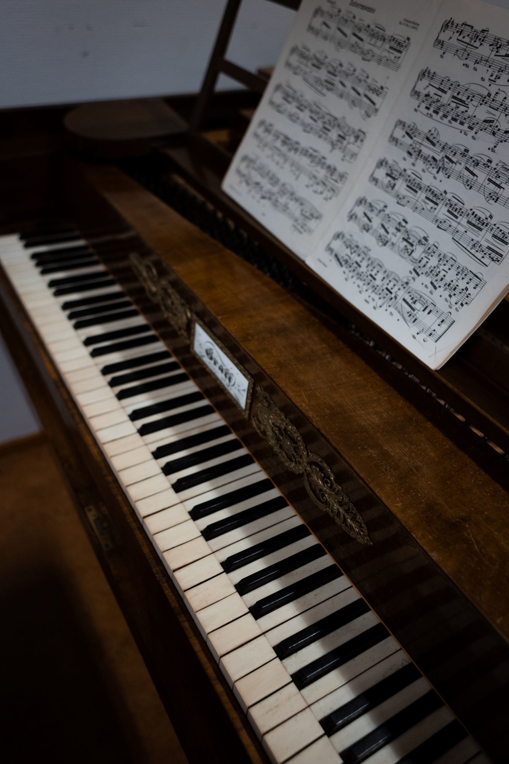 Nærbilde, brunt flygel med noter