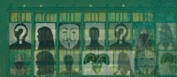 Illustrasjon. Fasaden på NMH med grønt slør og forskjllige anonyme ansikter foran.