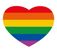 Hjerte med Pride-farger inni på hvit bakgrunn.