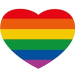 Hjerte med Pride-farger inni på hvit bakgrunn.