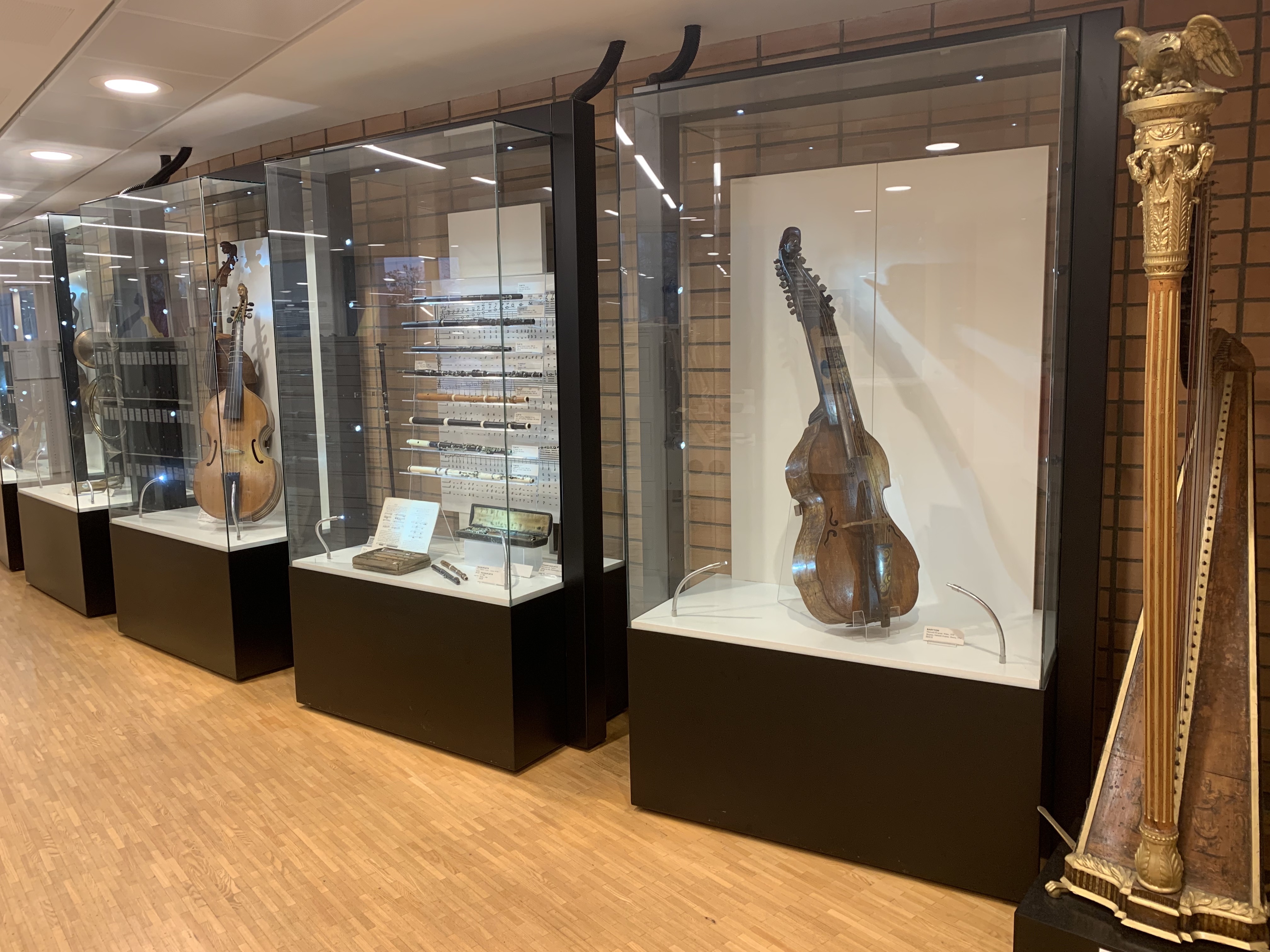 En harpe og flere montre med instrumenter slik de står i biblioteket i dag.