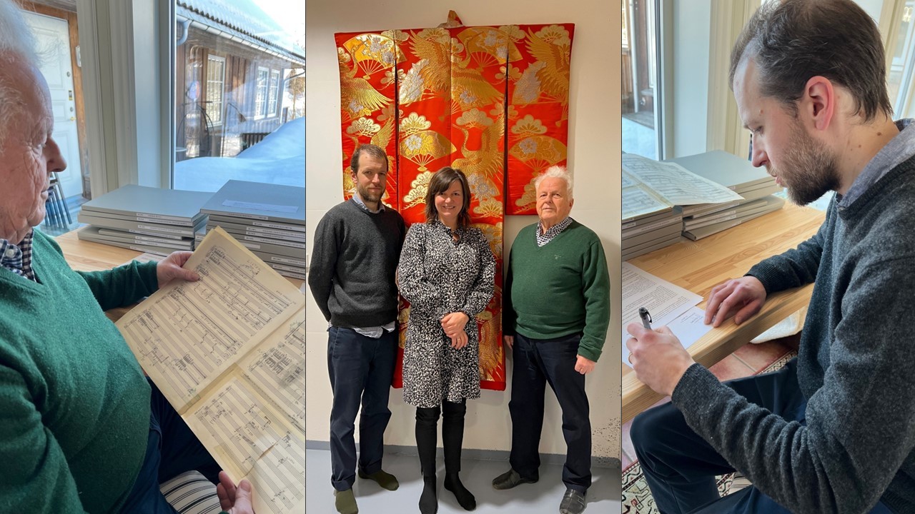 Bildemontasje: Notesamlingen etter Arne Nordheim overrekkes og kontrakt signeres