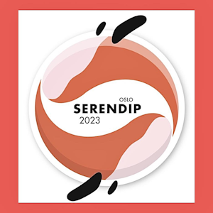 Logoen til Serendip 2023: To hvaler som svømmer hale mot snute, i rødorange nyanser. Teksten er: Oslo, Serendip, 2023.