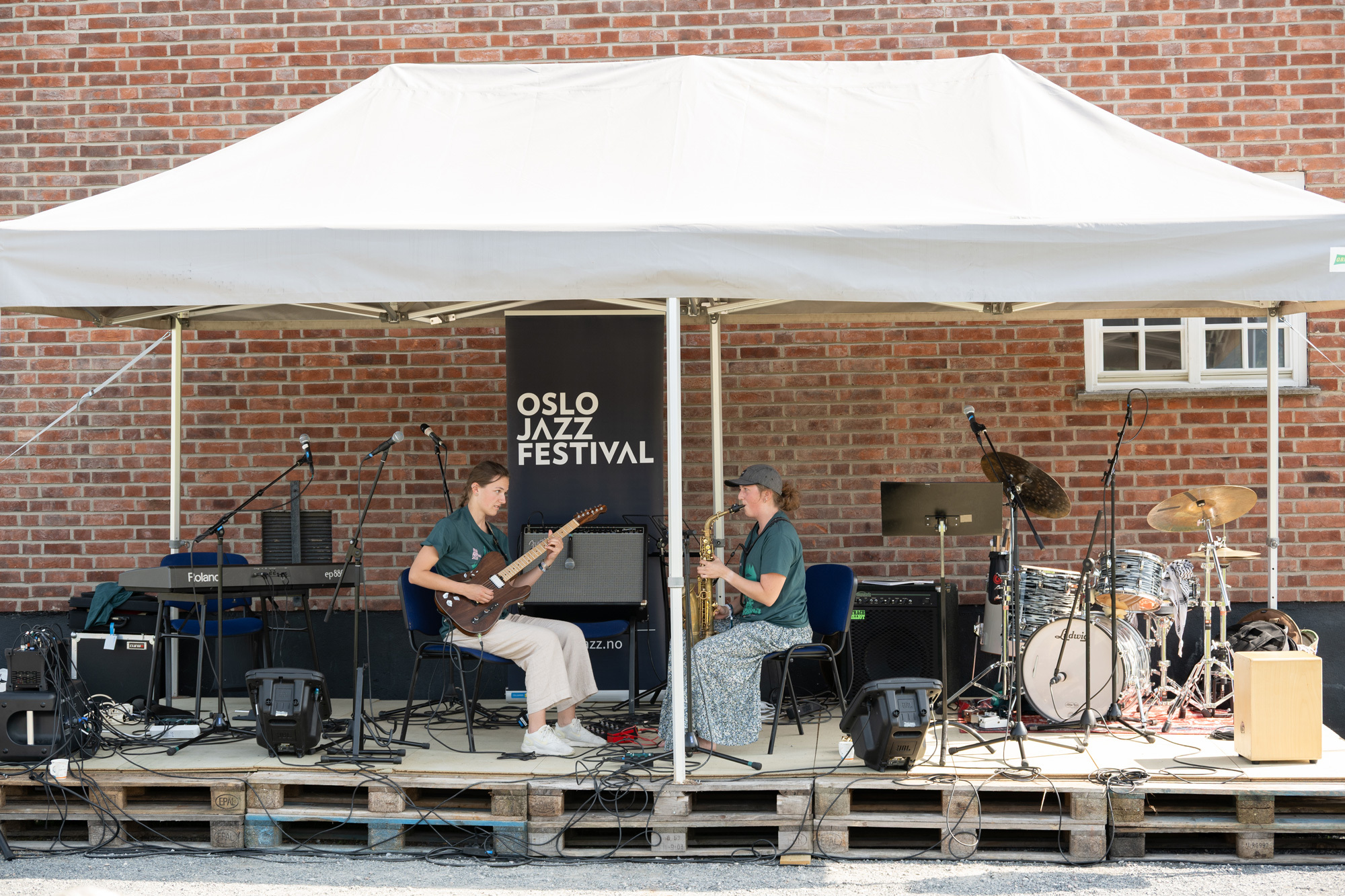 Fra Luftegårdsfestival på Ila fengsel, med utescene og to studenter som spiller gitar.