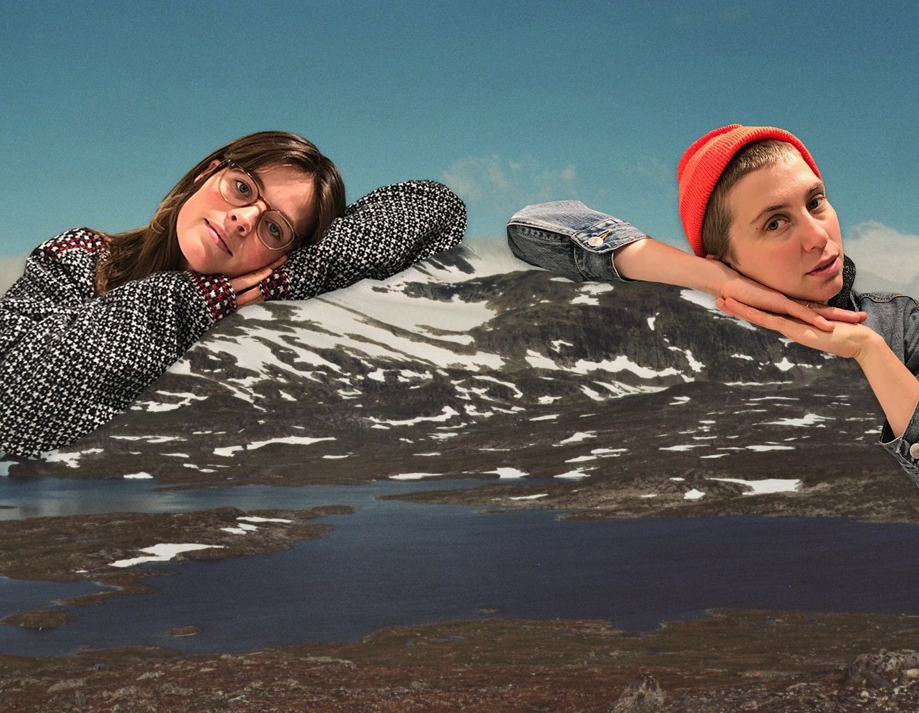 Collage av Heida Mobeck og Anja Lauvdal som lener seg på et fjell