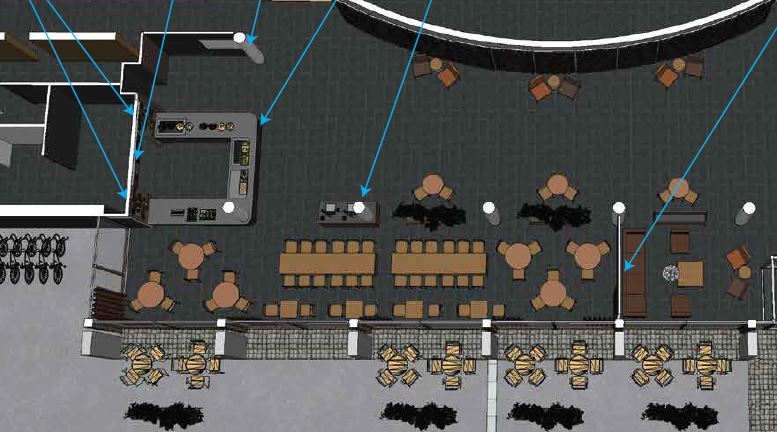 Arkitektkontorets planer for ombygging av kantine. Fugleperspektiv på en plantegning.