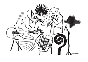 Friberg-illustrasjon hvor to spiller fiolin, en gitar og en trekkspill.