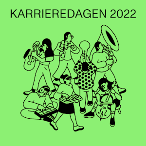 Sort illustrasjon av sju spillende musikere på knallgrønn bakgrunn. Over illustrasjonen står det "Karrieredagen 2022"