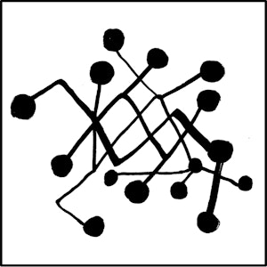 Svart illustrasjon mot hvit bakgrunn som skal illustrere et nettverk. Sort ramme rundt.
