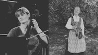 Sort hvitt bilde av kvinne med cello og kvinne i bunad med fløyte
