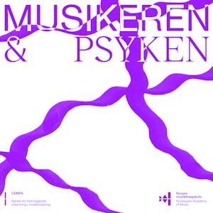 En abstrakt illustrasjon med teksten "Musikeren og psyken" skrevet over. Logoen til CEMPE og NMH ligger i hvert sitt nederste hjørne.