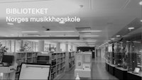 Shelves full of books and sheet music, as well as an exhibition of historical instruments. In the image's top left corner it reads "The Library, the Norwegian Academy of Music".