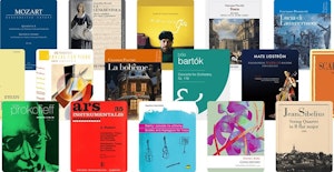 Omslaget til 16 bøker i notehefter i ulike formater og av ulike komponister.