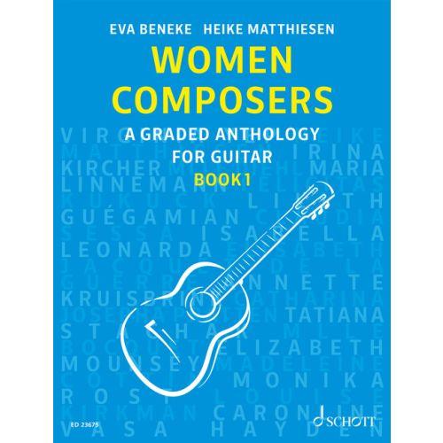 Bok-omlsag i blått med en gitar og teksten "Woman composers"