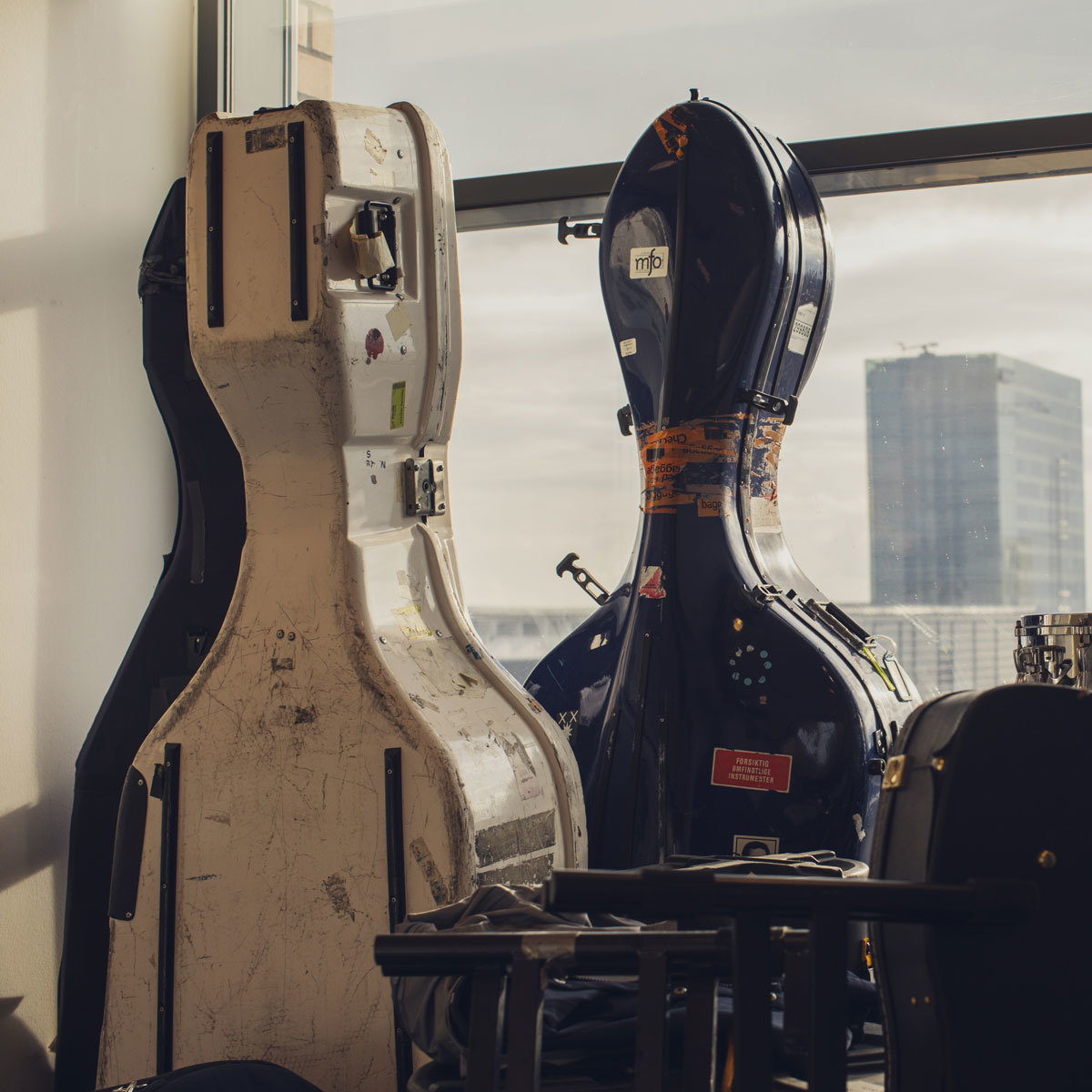 Bass cases in front of a window at NMH.