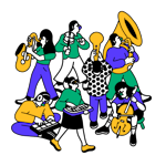 A drawing of students playing on their instruments.