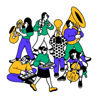 Illustrasjon av syv studenter som spiller på hvert sitt instrument.