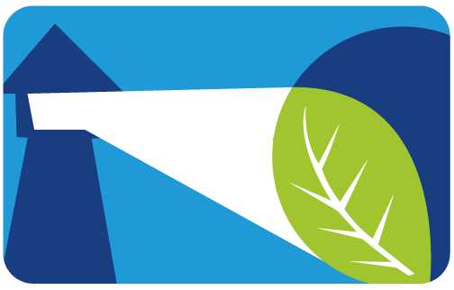 To blåfarger, hvitt og et grønt blad. Skal visst også se ut som en fyrlykt som lyser mot bladet og en mørkeblå runding. Logoen til Miljøfyrtårn.