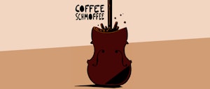Coffe Schmoffee-logoen som er en tegning av en cello-kropp som blir fyllt opp med kaffe.