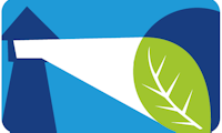 To blåfarger, hvitt og et grønt blad. Skal visst også se ut som en fyrlykt som lyser mot bladet og en mørkeblå runding. Logoen til Miljøfyrtårn.