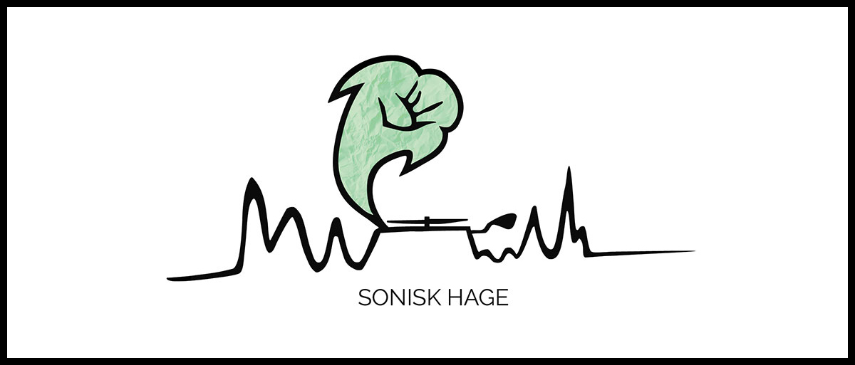 Sonisk hage-logoen som er en tegning av en grammofon som ser ut som en blomst, samt streker som ser ut som lydbølger.