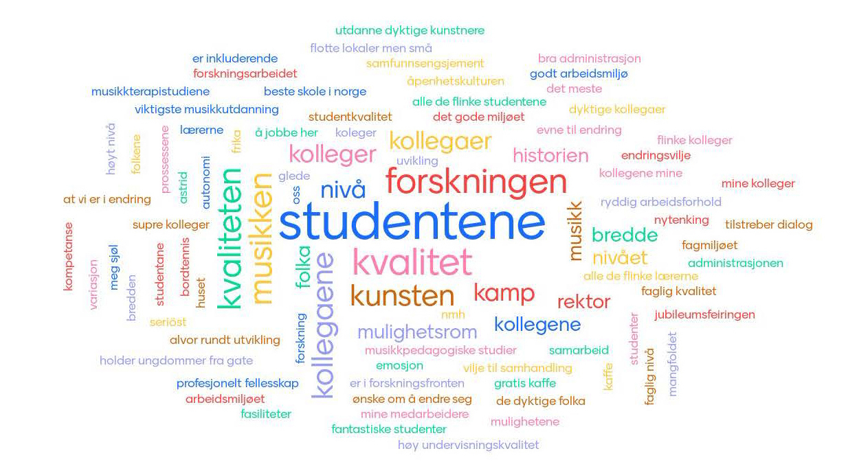 Ordsky med svar på spørsmålet: Nevn en/flere ting du er veldig stolt av på NMH? De største ordene er studentene, forskningen og kvalitet.