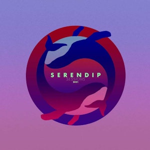 Serendip-logo for festivalen i 2021, rosa og lille farger med blåhvaler