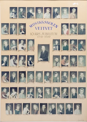 Poster with passport photos of all the teachers at Østlandets music conservatory in 1969