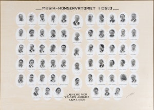 Plakat med mange portretter. Lærere på konservatoriet i Oslo i 1958.