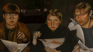 Maleri av bandet Ævestaden som spiser kebab