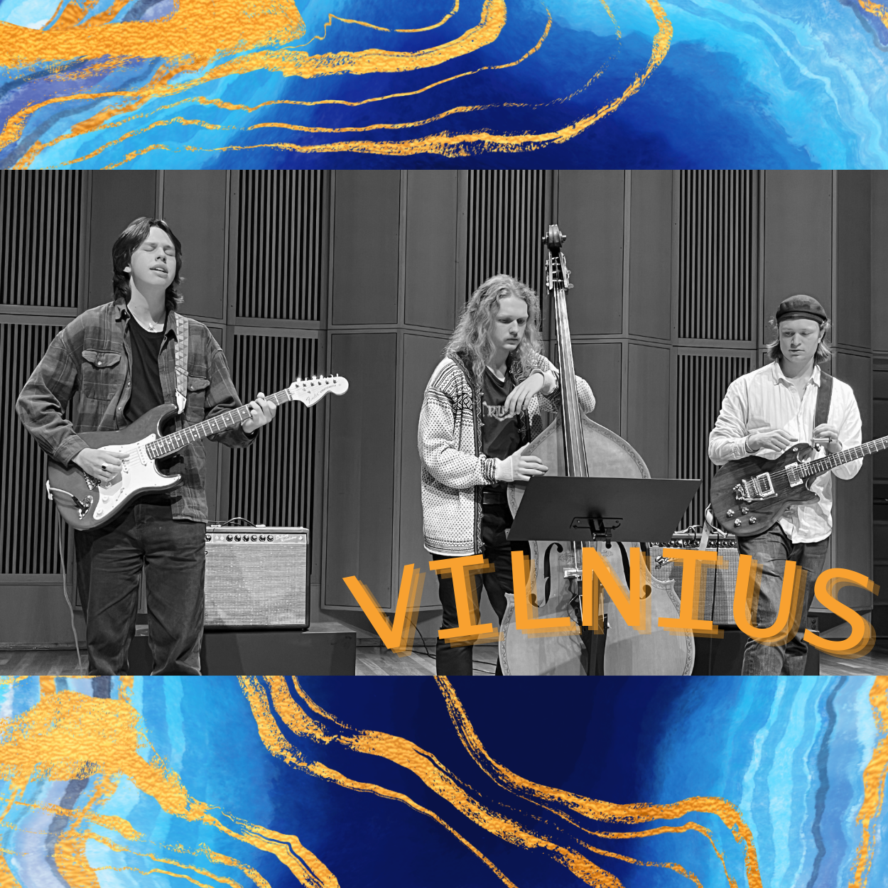 Bandet Vilnius spiller i Levinsalen, med Serendip-grafikk.