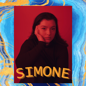 Rødt bilde av Simone Haaland som lener hodet i hånden, med Serendip-grafikk.