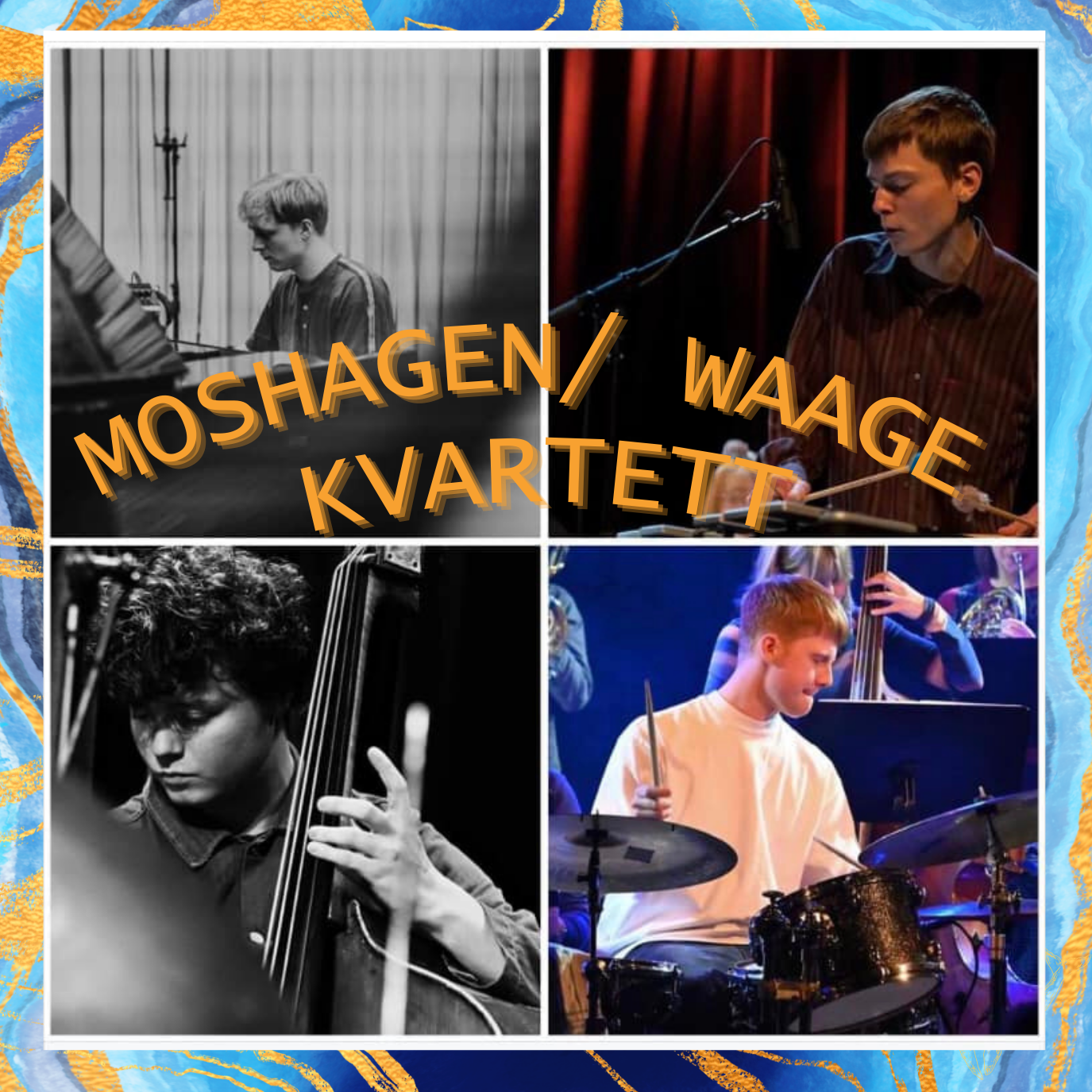 Kollasj av musikerne i Moshagen/Waage kvartett, med Serendip-grafikk.