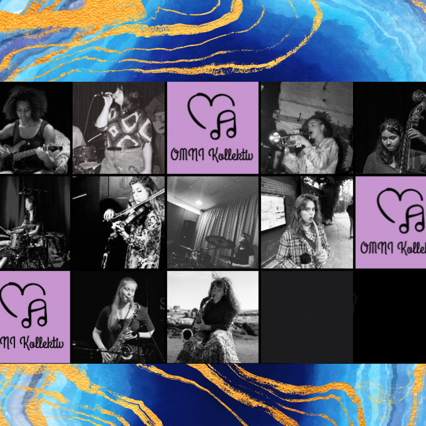 Kollasj av musikerne i Omni kollektiv med Serendip-grafikk.