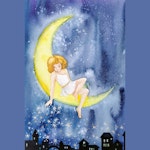 Maleri til konserten Beauty and the Beast, av en jente som sitter på månen på blå, mørk himmel over en by.