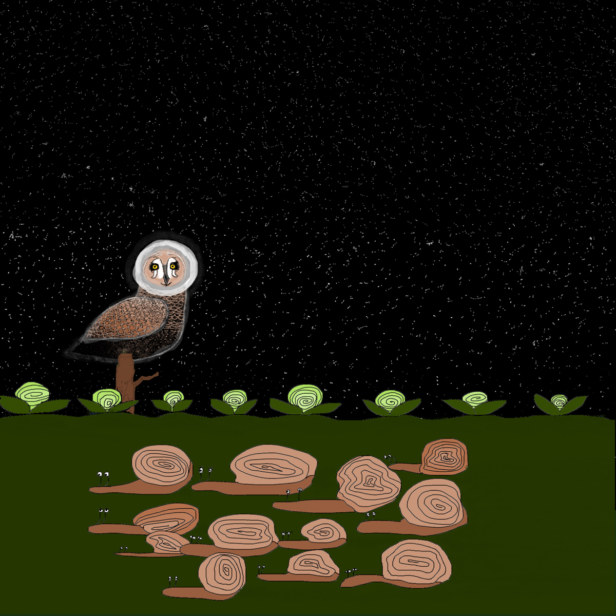 Naivistisk tegning av en ugle med en hær av snegler foran.