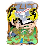 Tegnet plakat til konsert med Dopey Monkey, i tegneseriestil. To personer i speideruniformer holder hver sin krøllete tuba.
