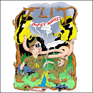 Tegnet plakat til konsert med Dopey Monkey, i tegneseriestil. To personer i speideruniformer holder hver sin krøllete tuba.