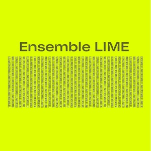 Plakat til konsert med Ensemble LIME. Svart tekst med ensembletittelen repetert kjempemange ganger oppå gul bakgrunn.