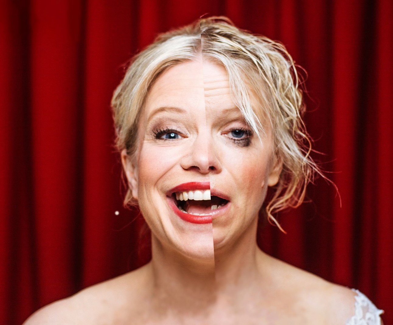 Todelt bilde av Eir Inderhaug, smilende på en side og gråtende på den andre.