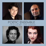 Mirsaeed Hosseiny Panah sammen med tre av hovedutøverne på hans eksamenskonsert. Tekst med tid og navnet på konserten: "Poetic Ensemble".
