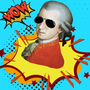 Fotoshoppet bilde av Mozart med solbriller, i tegneserieaktig format med sterke farger. Teksten "WOW" øverst.
