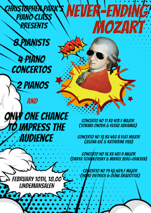Lyseblå konsertplakat med fotoshoppet bilde av Mozart med solbriller, i tegneserieaktig format med sterke farger. Teksten består av programmet og medvirkende til konserten (samme informasjon som på konsertsiden).