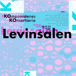 Plakat til Komponistenes konsertserie høsten 2023, med navn på komponister som deltar, samt info om tid og sted. Blå, rosa og turks mønster.