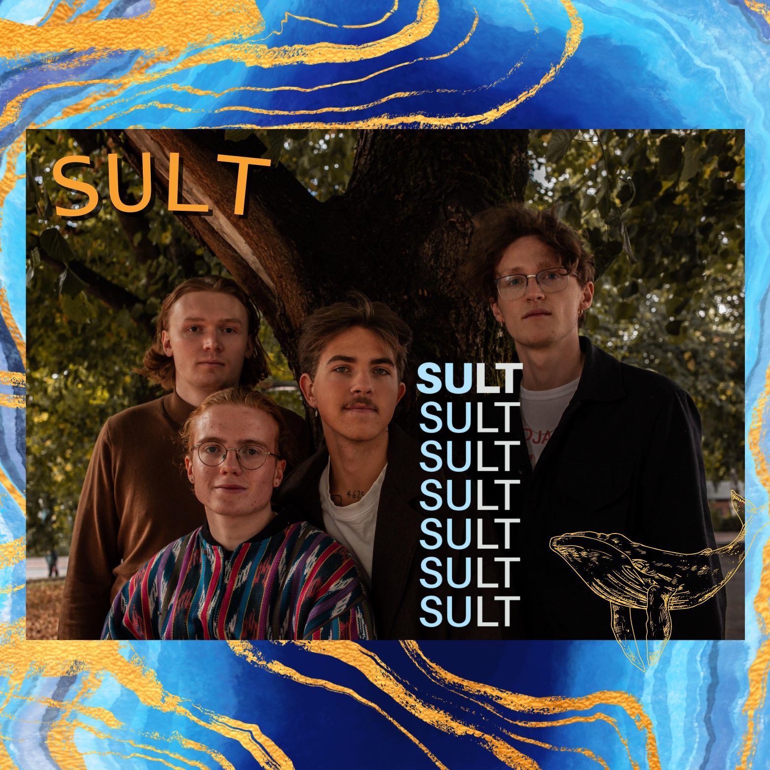 Bandet Sult står foran et tre med grønne blader.