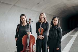 Musikerne i Trio Hannari står med cello og fiolin inni en tunnel.