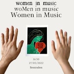Plakat til konserten Women in Music med to hender rundt et maleri av en kvinne.